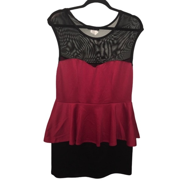 NWT Elegant Red & Black Mesh Inset Peplum Sleeveless Mini Dress - Picture 2 of 6